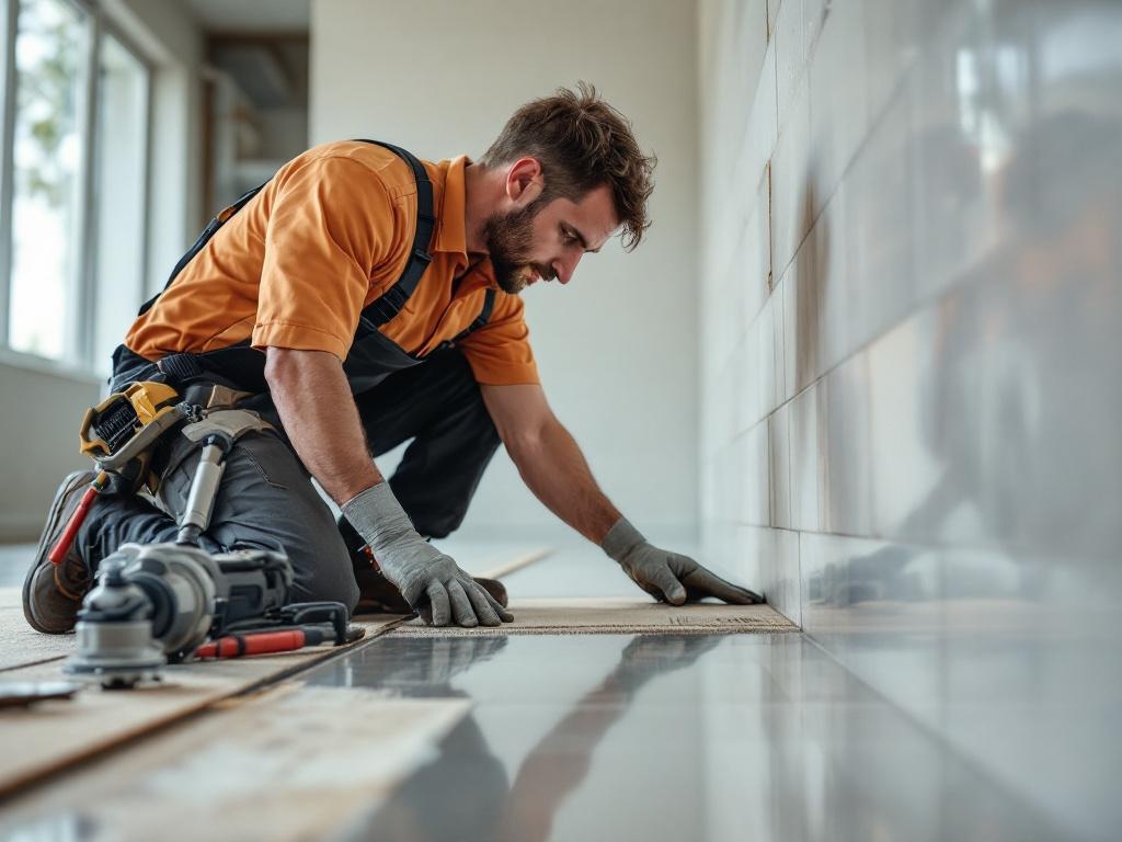Technician installing floor tiles with precision tools in a well-lit space