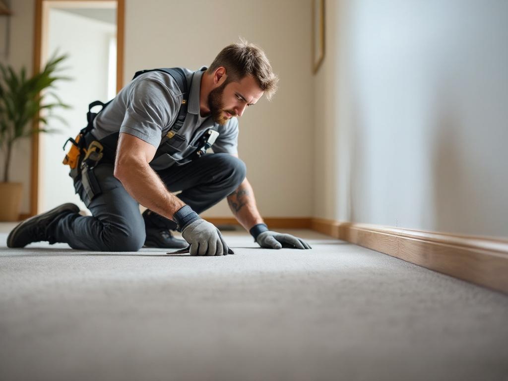 Technician expertly installing carpet with tools and equipment in a residential space
