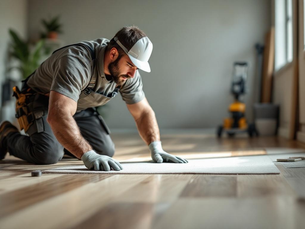 Professional technician installing laminate flooring with realistic tools and equipment