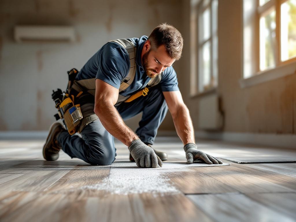 Professional technician installing vinyl plank flooring with tools and precision in natural light