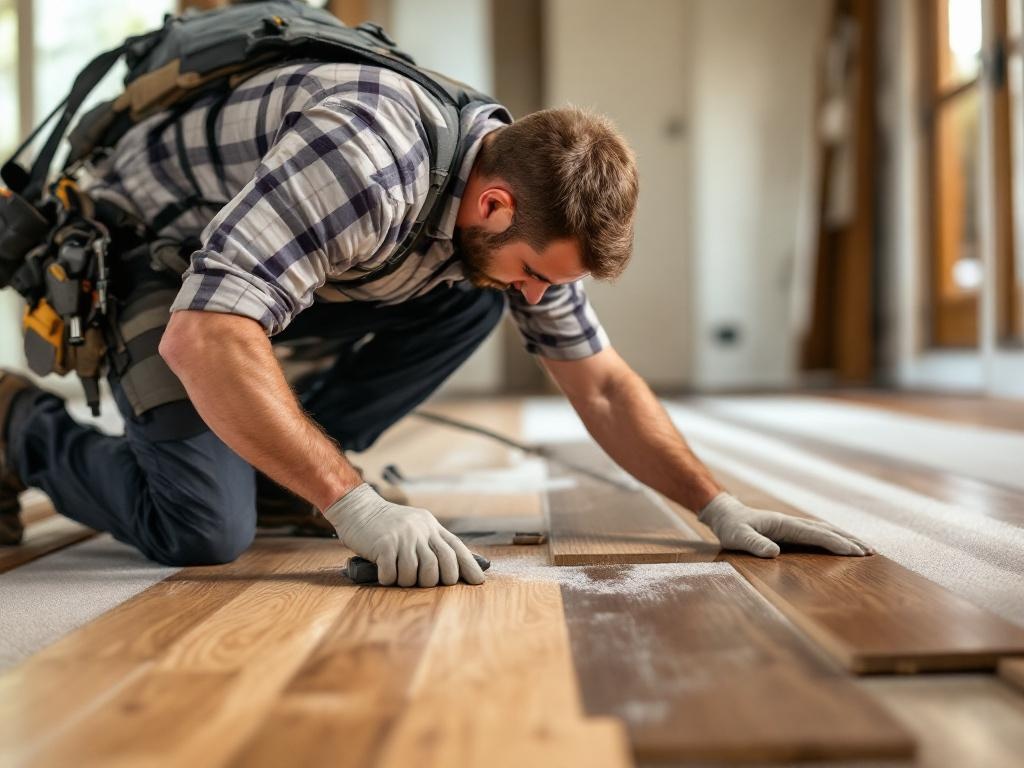 Skilled technician installing hardwood flooring with tools and natural lighting