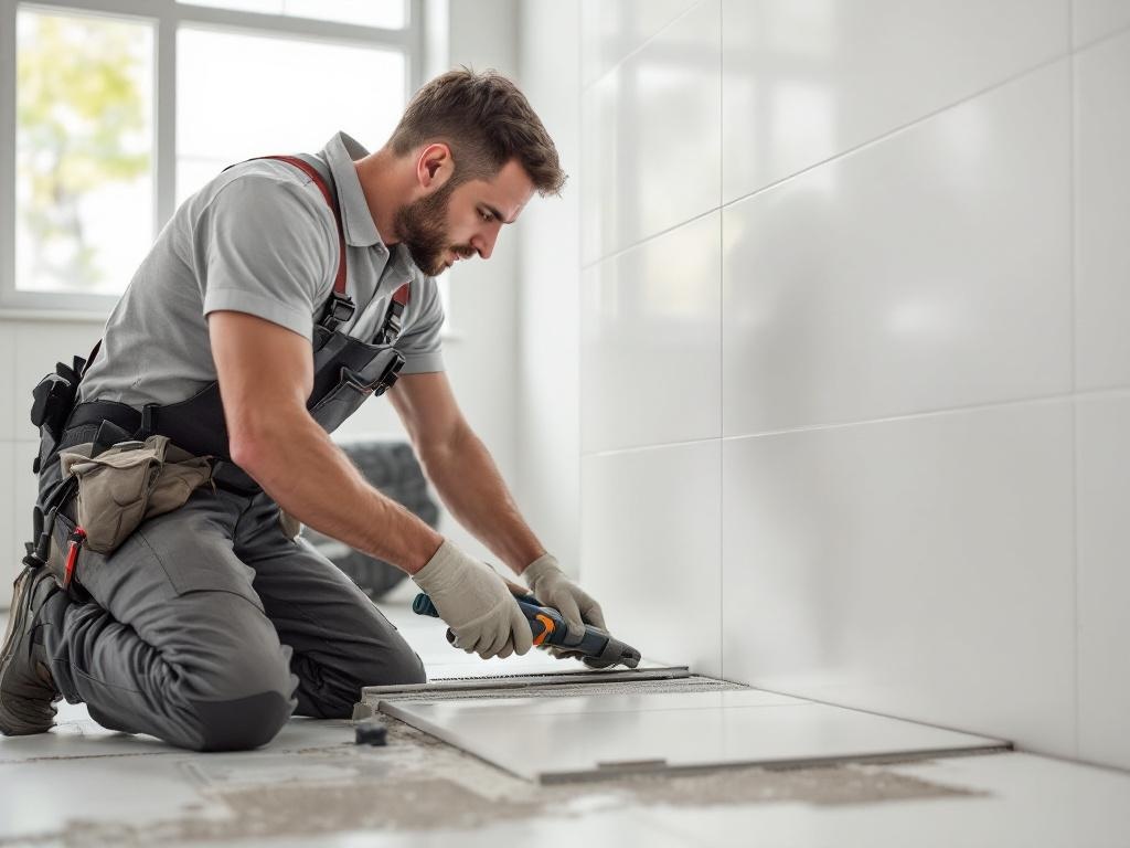 Professional flooring technician installing tiles with precision using tools and equipment