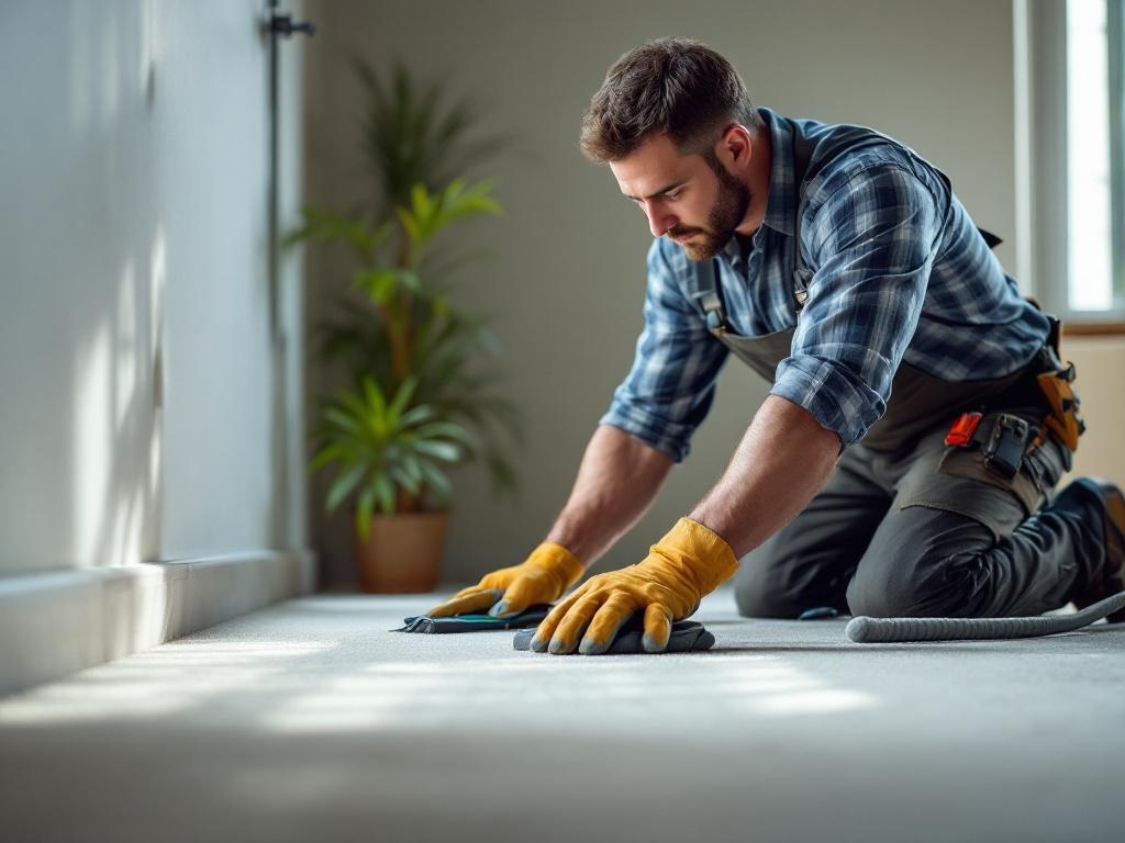 Skilled technician installing carpet using tools in a clean, well-lit room