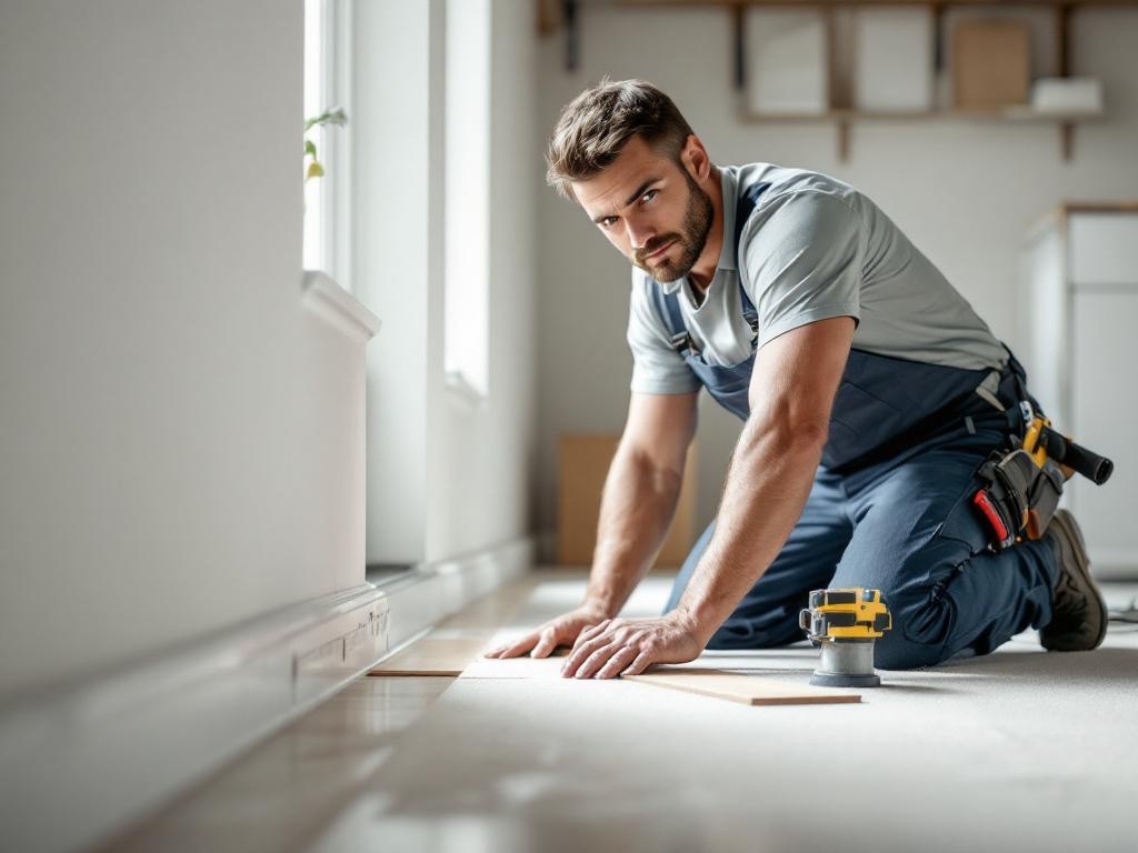 Professional technician installing laminate floor with tools and natural lighting
