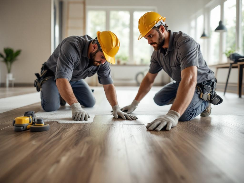 Professional technician installing vinyl plank flooring with tools in natural lighting