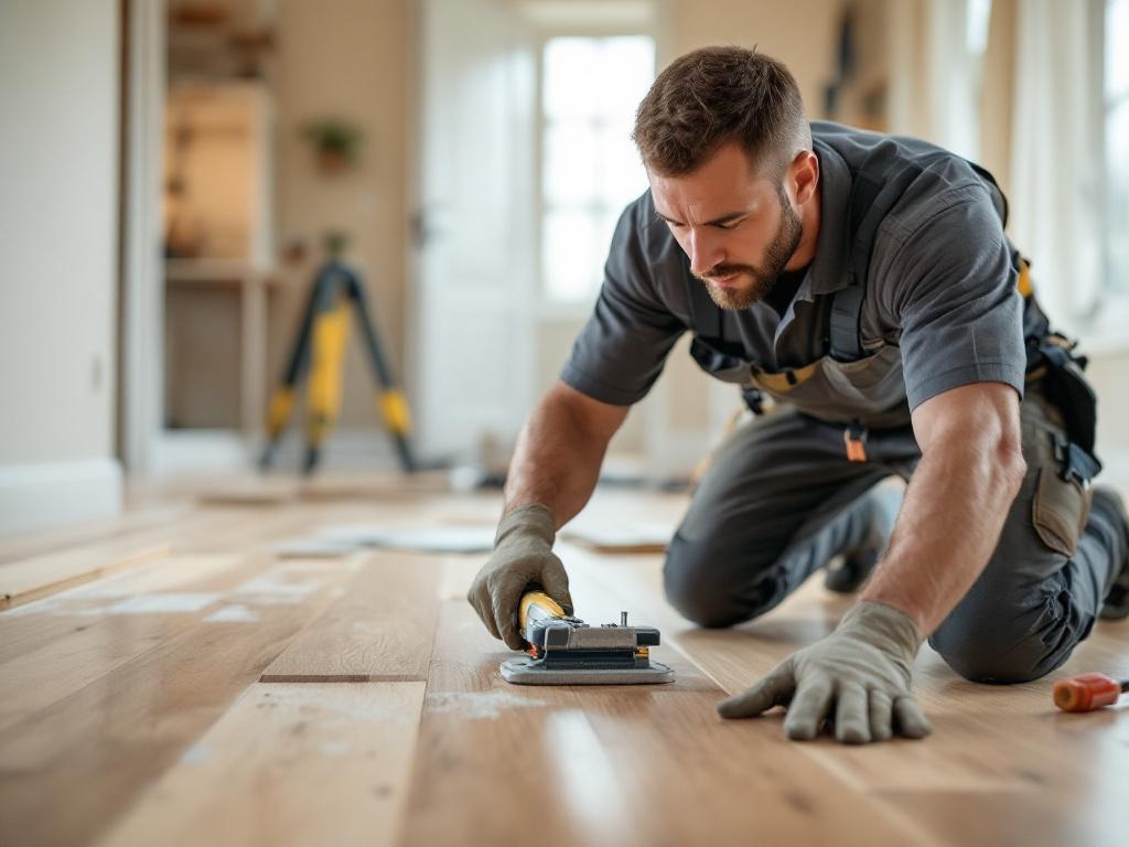 Professional technician installing hardwood flooring with tools and natural lighting