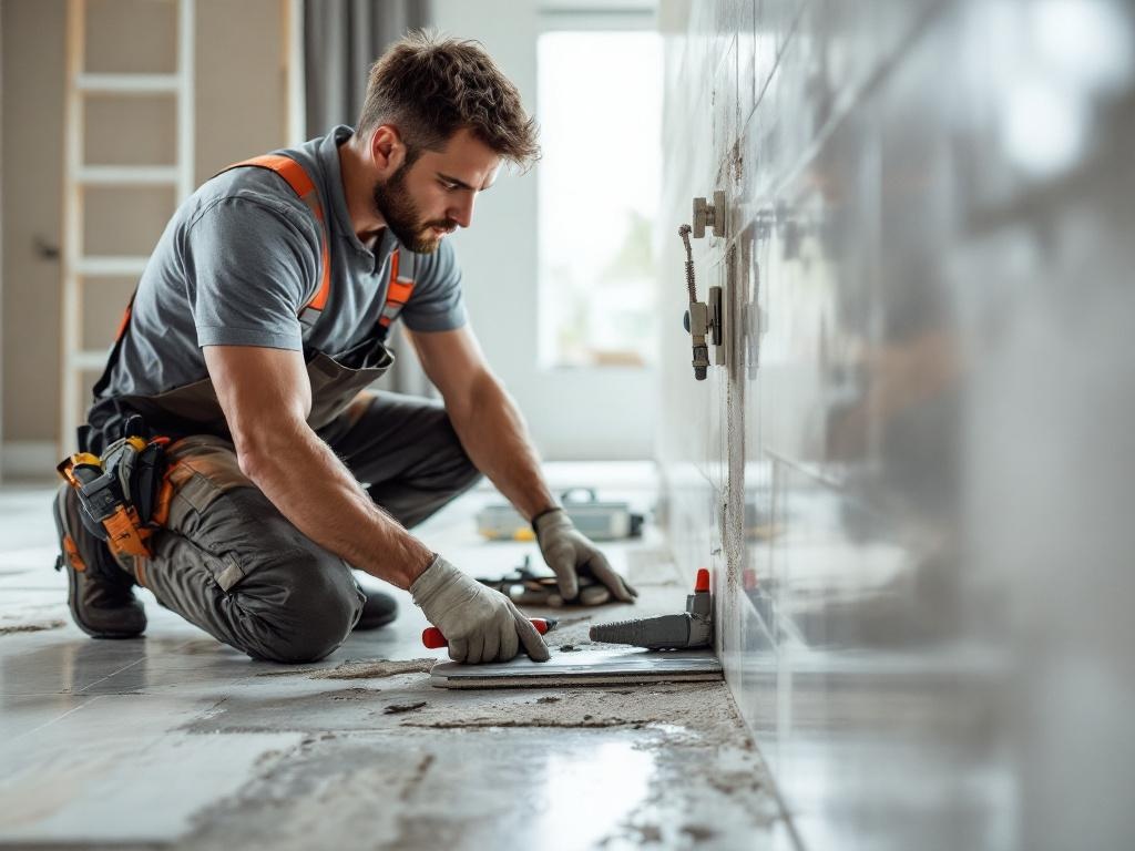 Professional technician installing tiles with precision using tools and equipment in a well-lit room