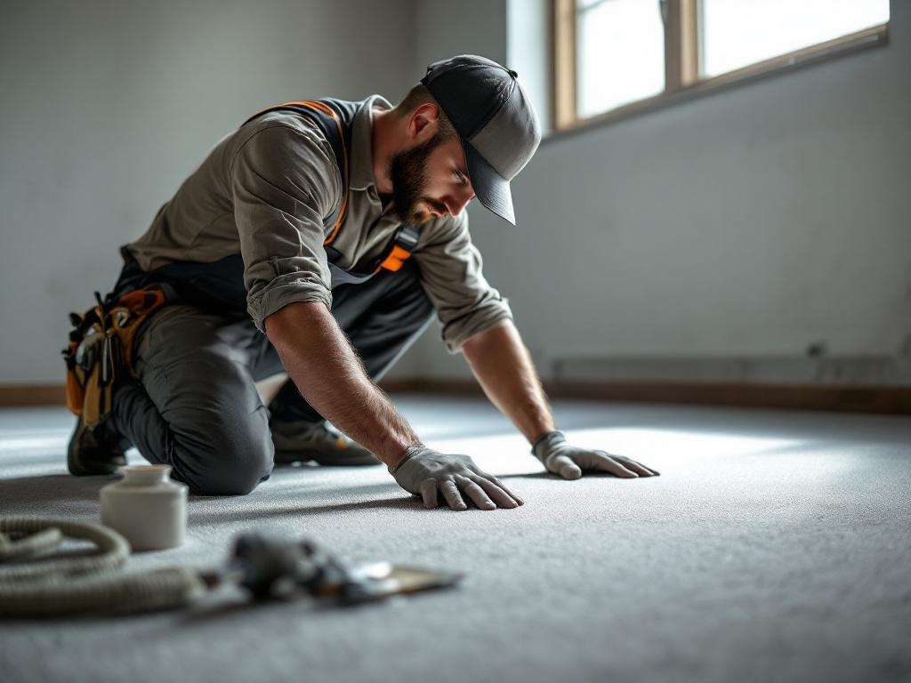 Professional carpet technician installing new carpet with tools in a residential space