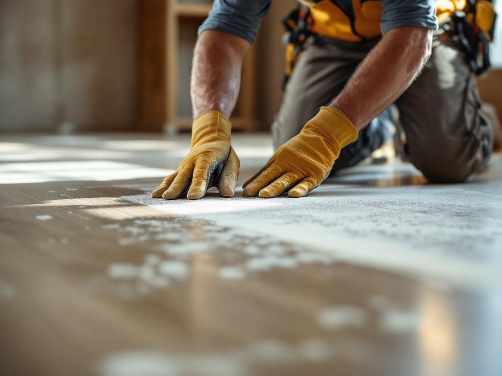 Professional technician installing laminate flooring with tools and natural lighting