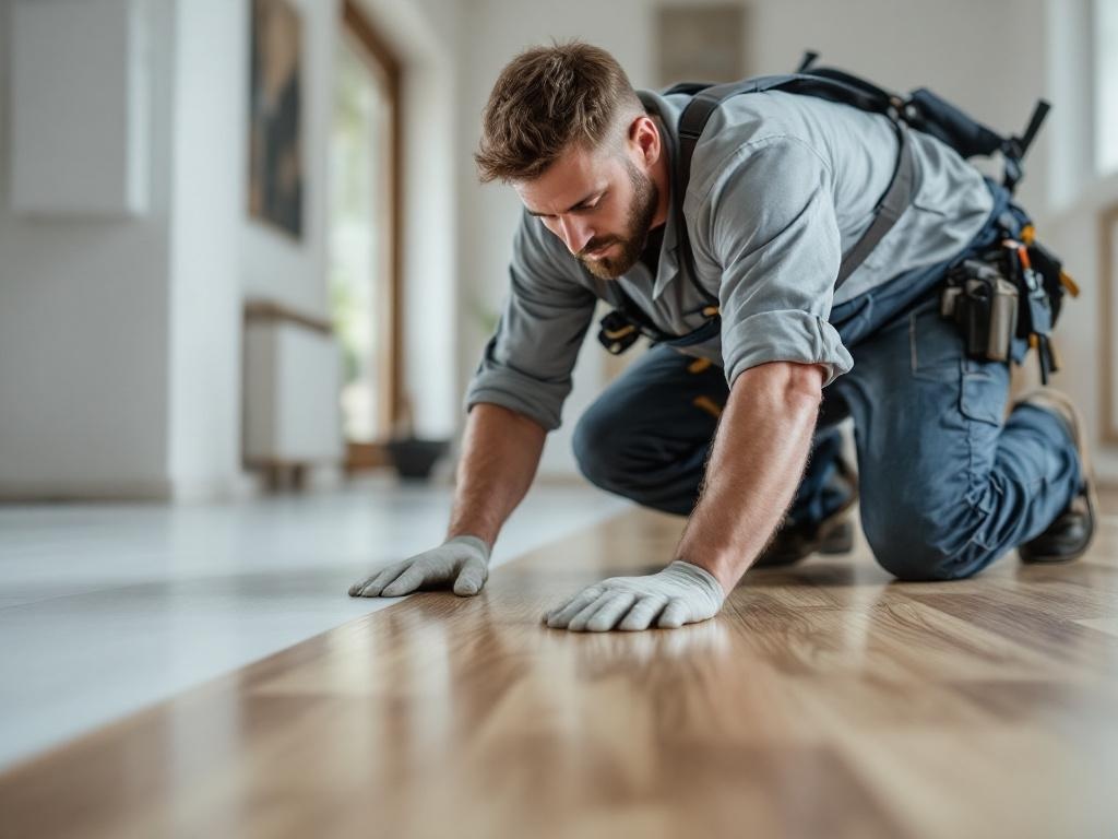 Technician installing vinyl plank flooring with precise tools and expert care