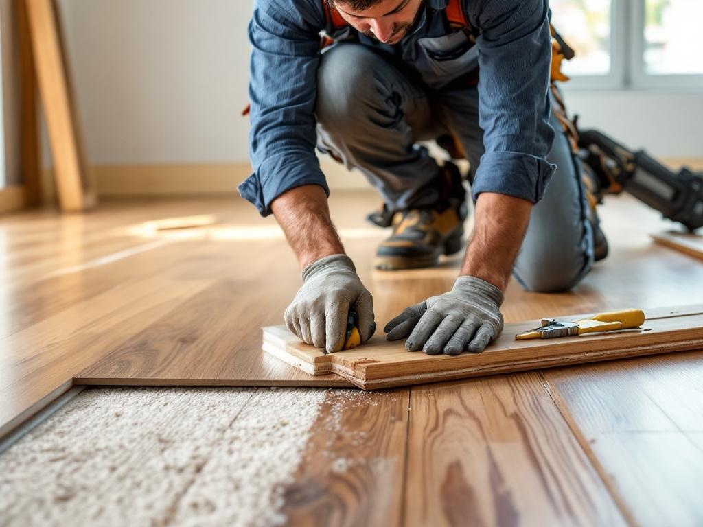 Professional flooring technician installing hardwood flooring using tools and equipment