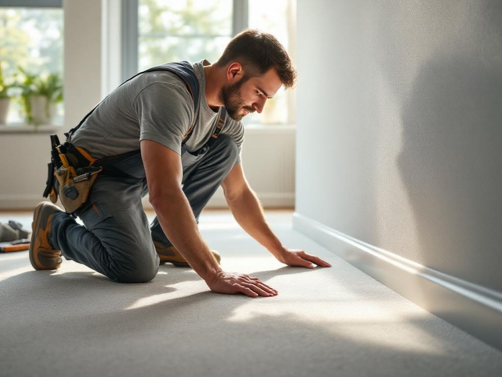 Technician installing a carpet with tools in a well-lit room