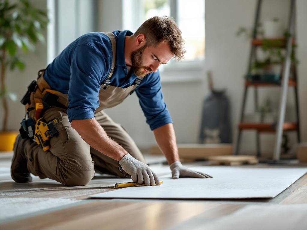A skilled technician installing laminate flooring with tools in a bright room