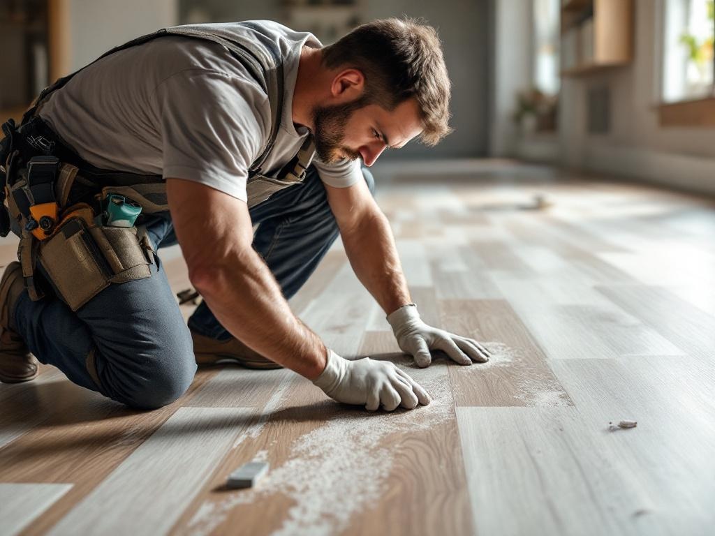 Professional technician installing vinyl plank flooring with tools in a modern home