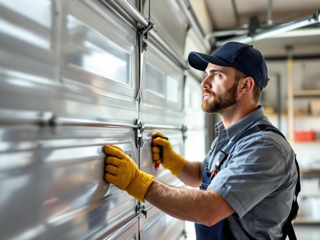 Professional technician installing a durable, modern garage door with precision tools.