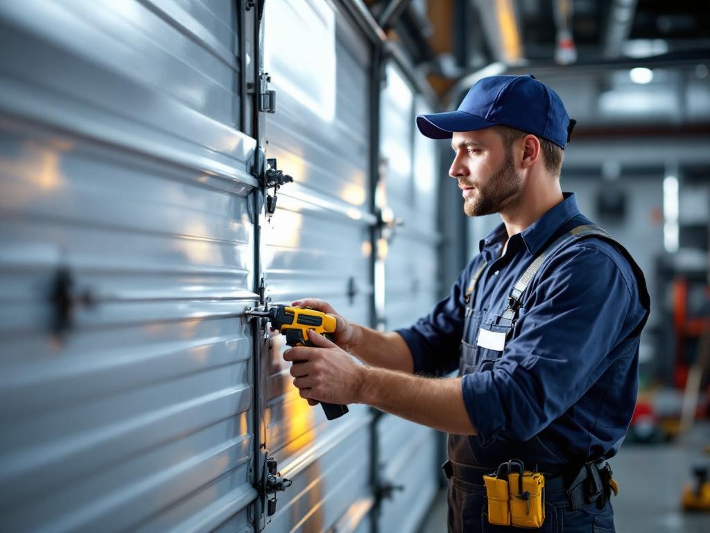 Technician repairing a garage door with tools and professional equipment