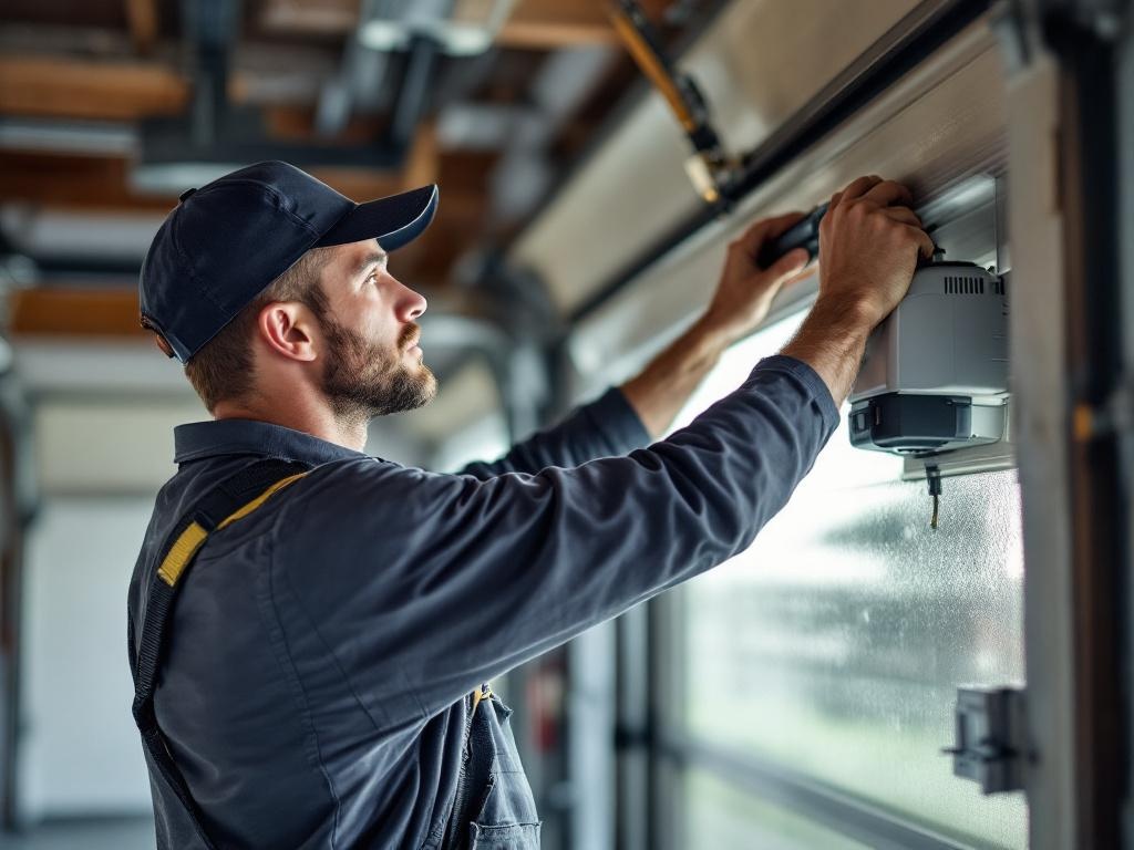 Technician installing a garage door opener with tools and equipment in a realistic setting