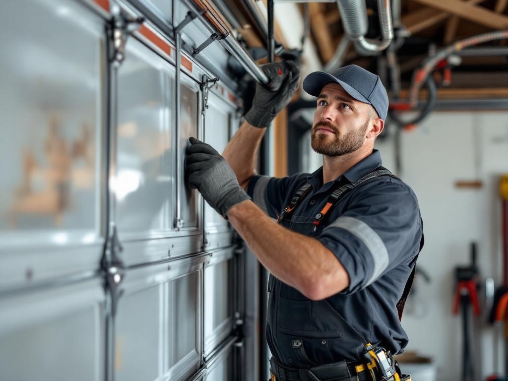 Technician replacing garage door spring with professional tools and equipment