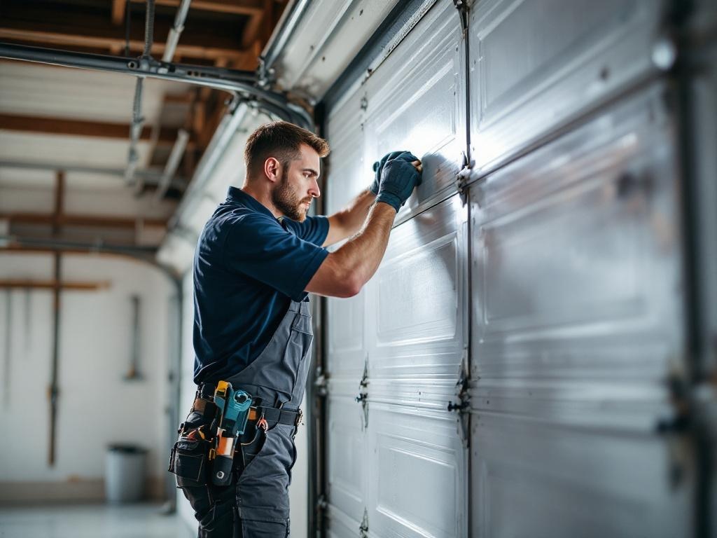 Technician replacing a damaged garage door panel with professional tools