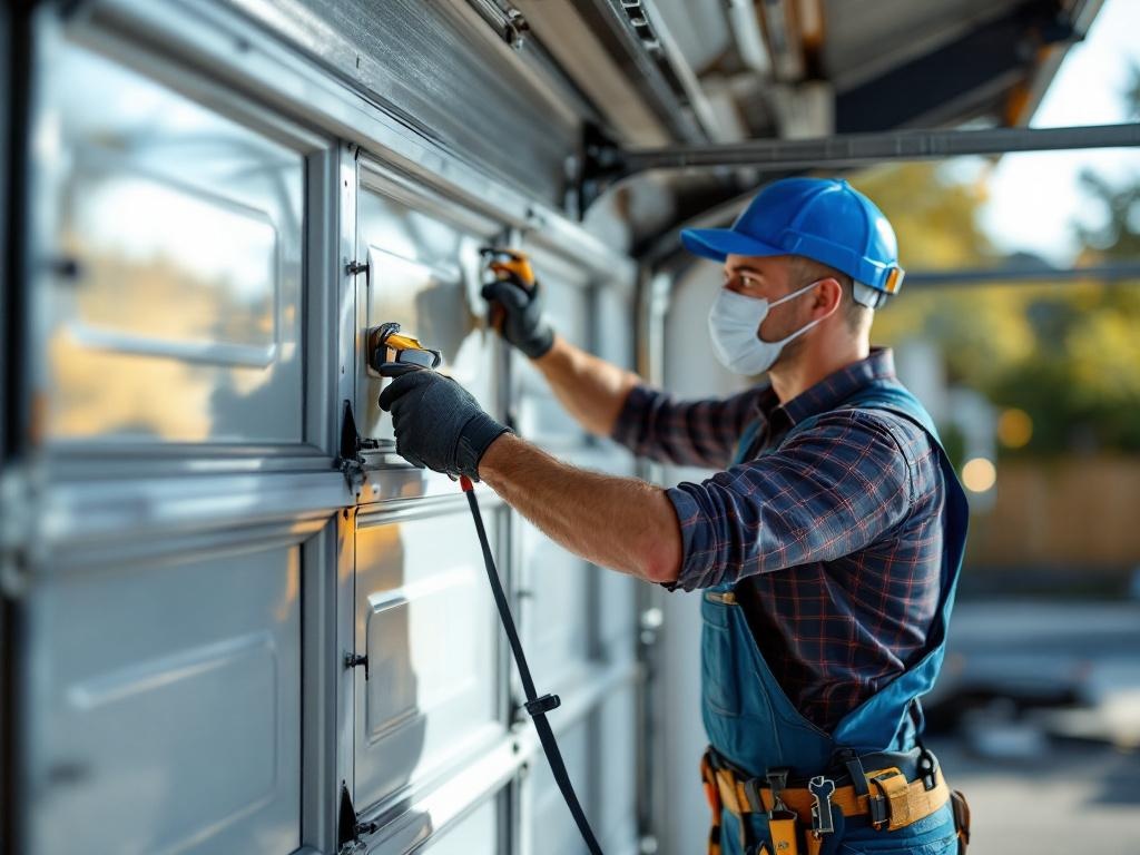 Professional technician installing a garage door with tools and equipment in action