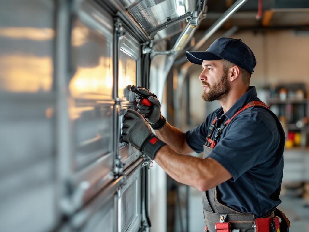 Technician repairing a garage door with tools and equipment in a photorealistic setting