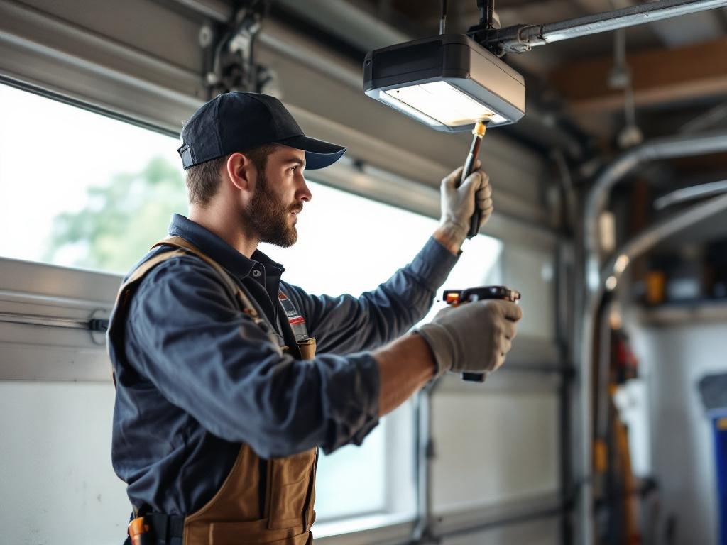 Technician installing a garage door opener using professional tools and equipment