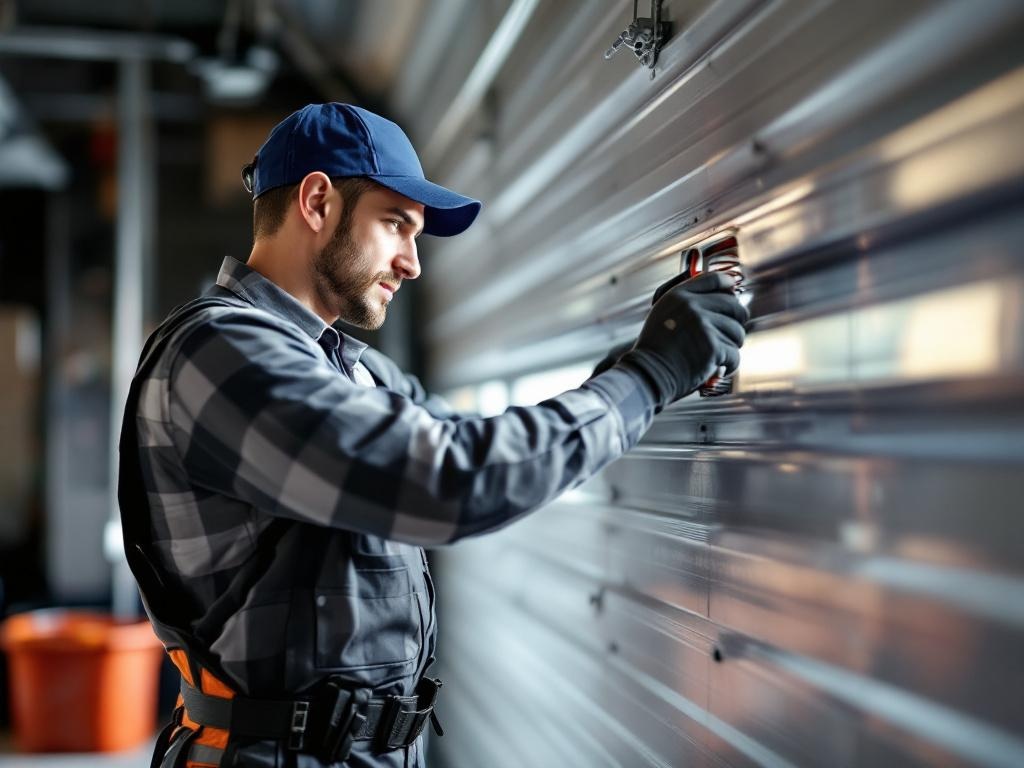 Technician replacing a garage door spring with professional tools and equipment