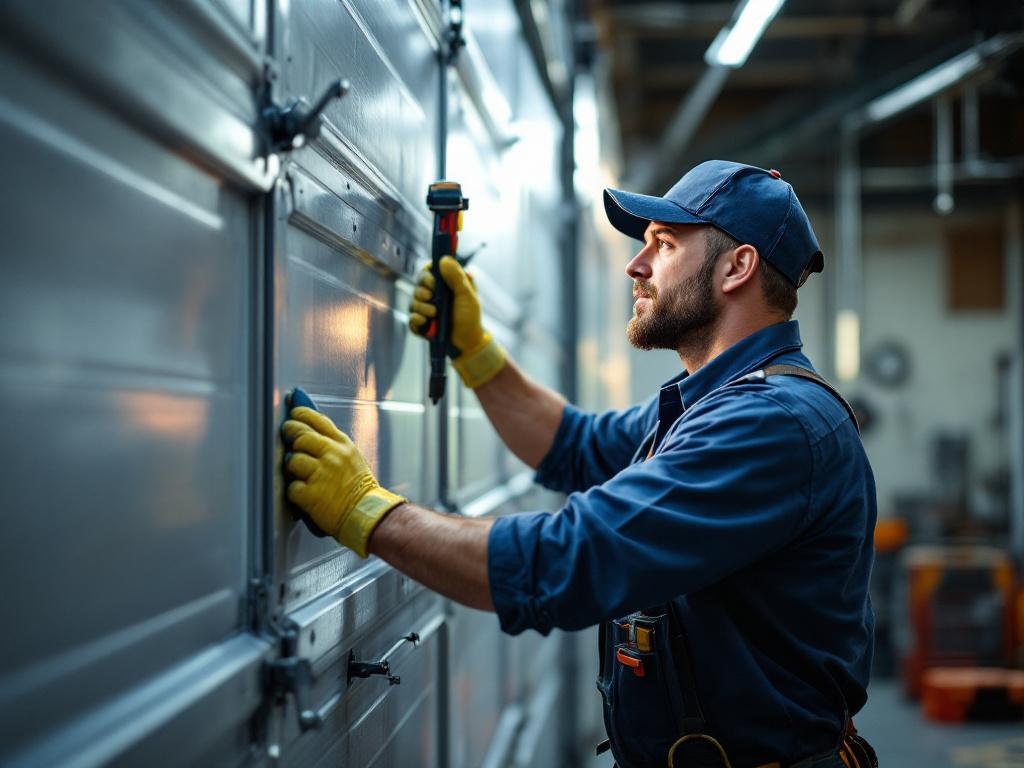 Technician replacing a damaged garage door panel with tools and equipment