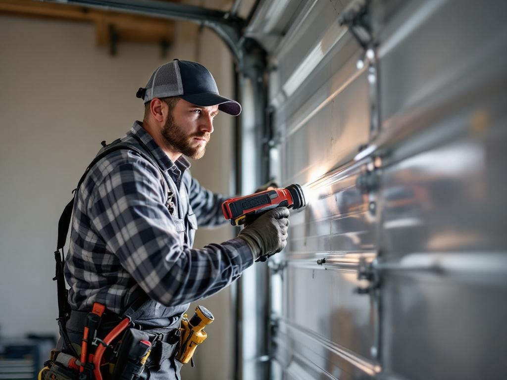 Professional technician installing a garage door with tools and equipment in natural lighting