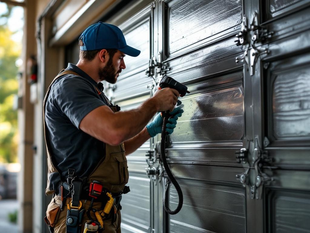 Professional technician repairing a garage door with tools in a natural setting