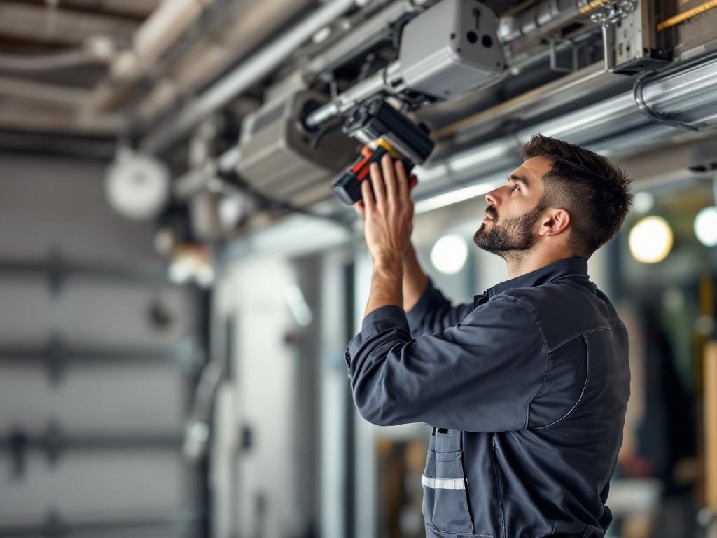 Technician installing a garage door opener with tools and equipment in a well-lit space