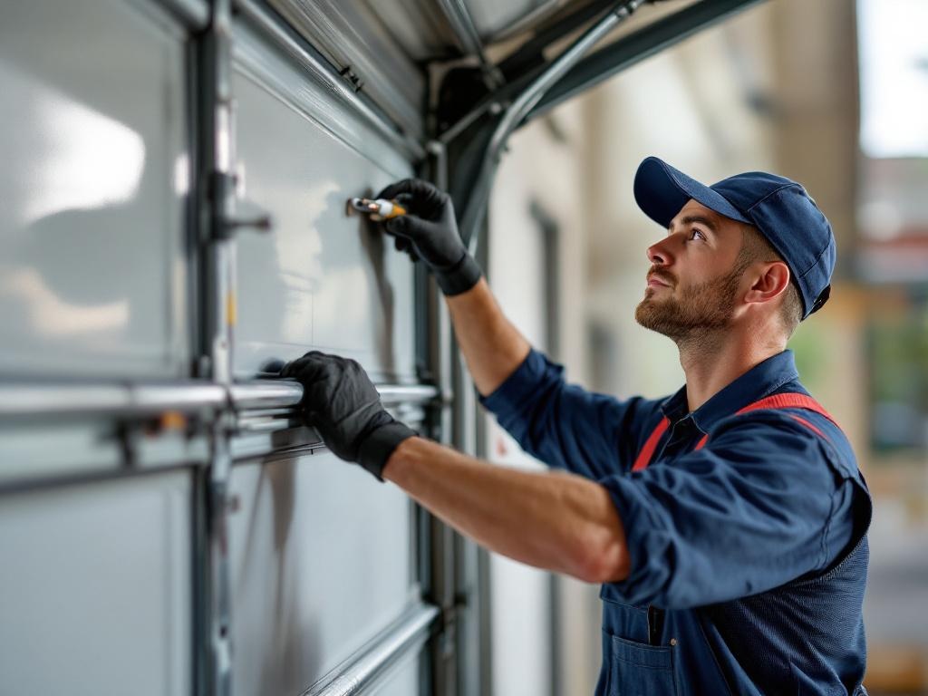 Technician replacing a garage door spring with tools and safety gear in natural light