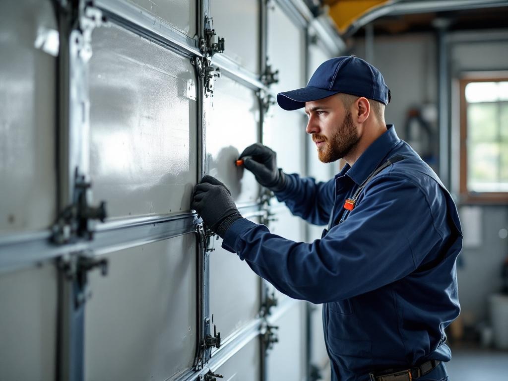Garage doors technician replacing a panel with professional tools and equipment