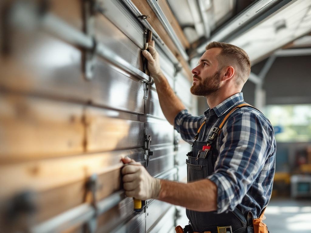 Technician installing a garage door with tools and equipment in natural lighting