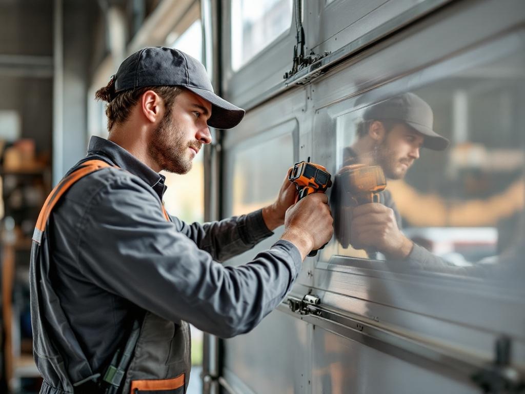 Professional technician performing garage door repair with tools and equipment in action