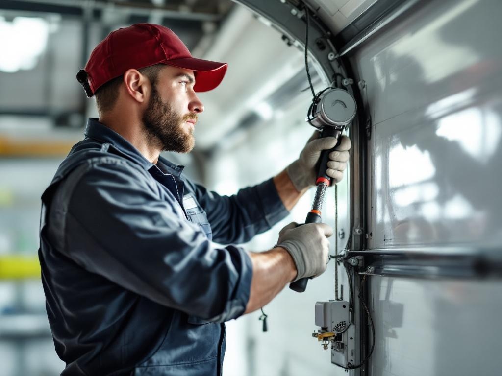 Technician installing a garage door opener with tools and professional equipment