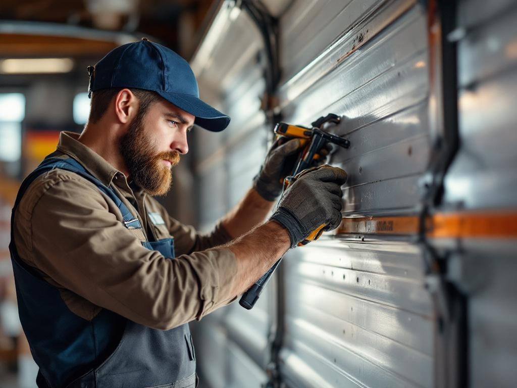 Garage doors technician replacing a spring using professional tools in natural lighting