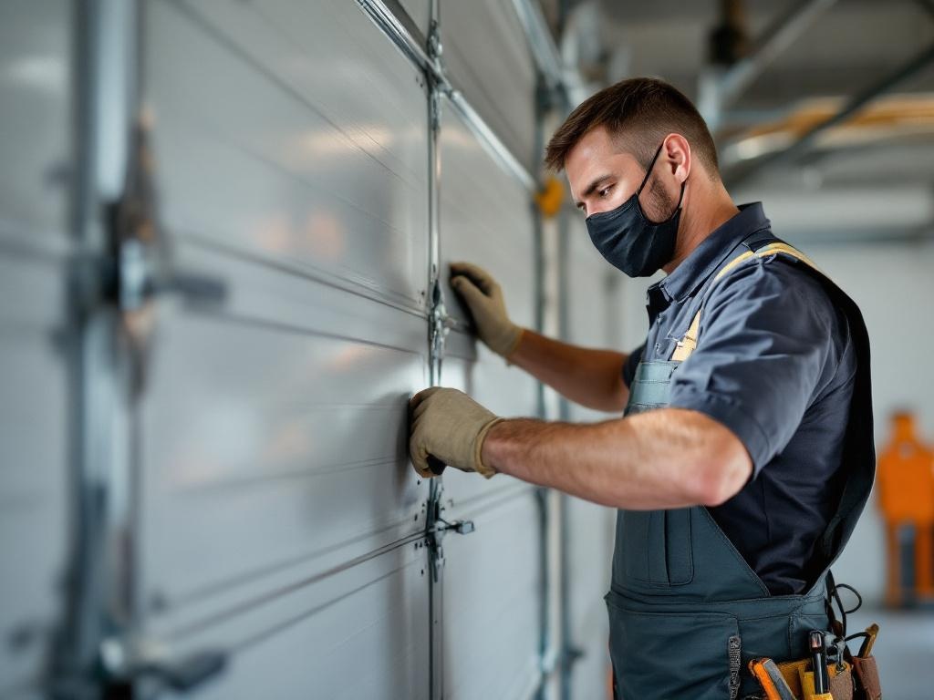 Technician replacing a damaged garage door panel using professional tools and equipment