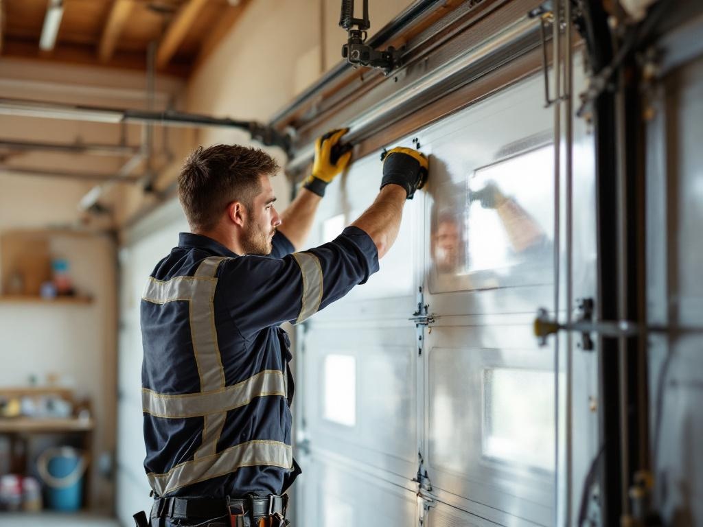 Professional technician installing a garage door using tools and equipment