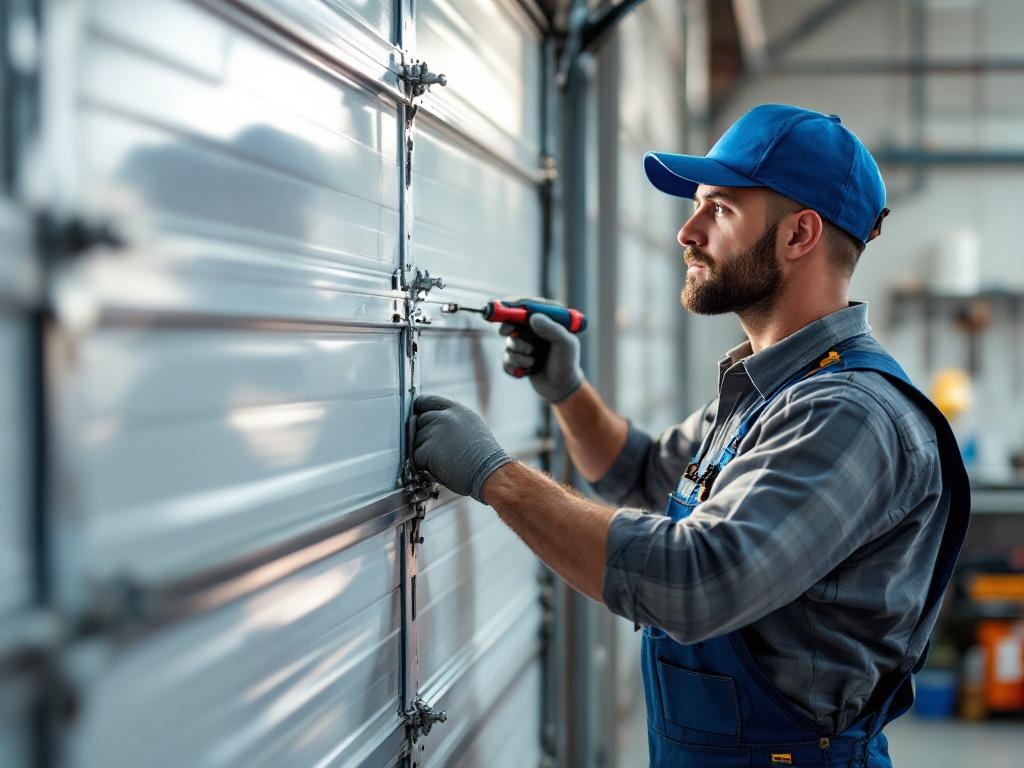 Technician performing precise garage door repair with tools and equipment on-site