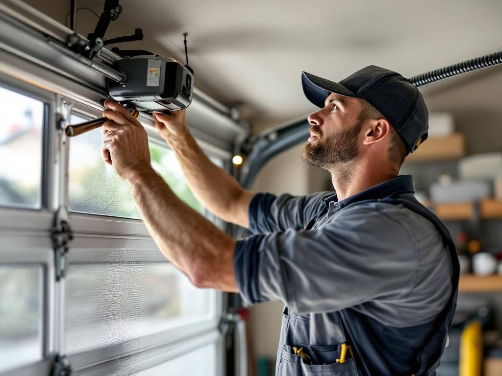 Professional technician installing a garage door opener with tools and equipment.