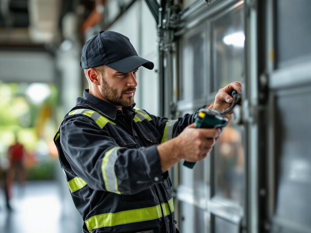 Garage door technician replacing a spring with tools and professional attire