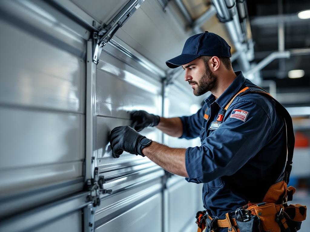 Professional technician replacing a garage door panel using tools in natural lighting
