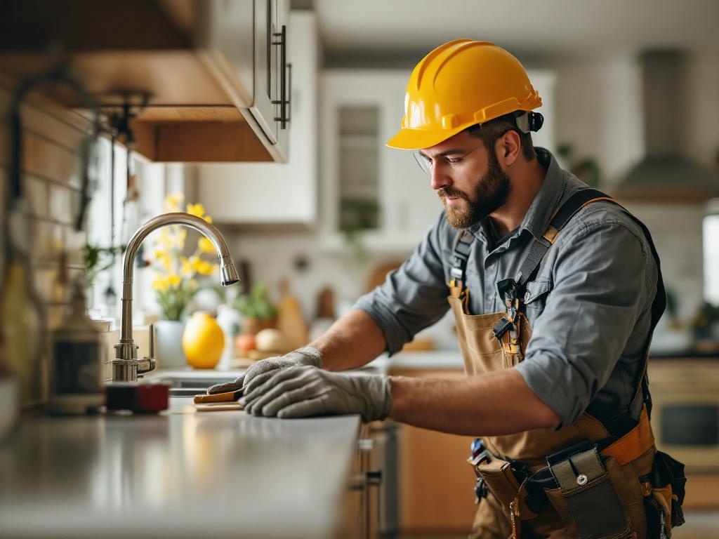 Professional contractor working on a modern kitchen remodel with tools and equipment