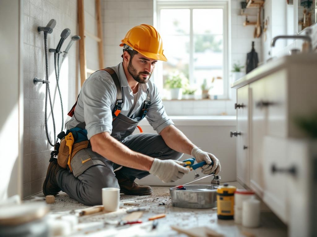 Professional contractor renovating a modern bathroom with tools and equipment