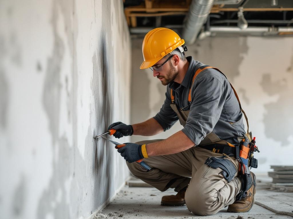 General contractor finishing a basement with tools and professional equipment in natural lighting
