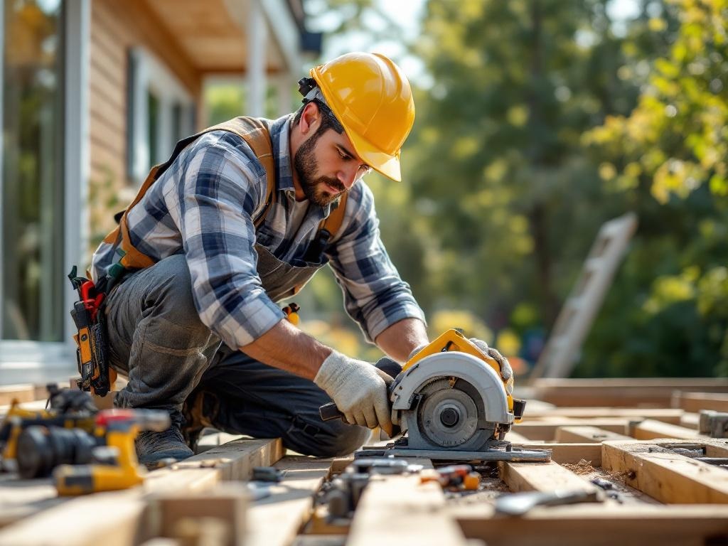 Professional contractor building a wooden deck using tools and equipment in natural lighting
