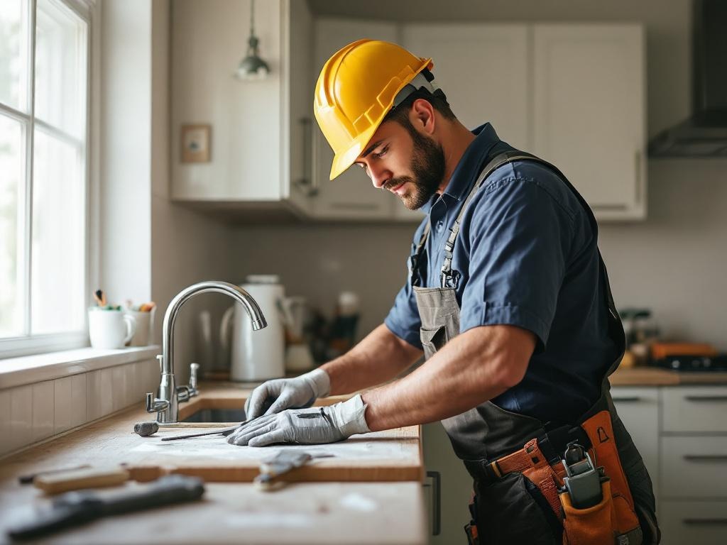 Professional contractor remodeling a modern kitchen with tools and equipment in action
