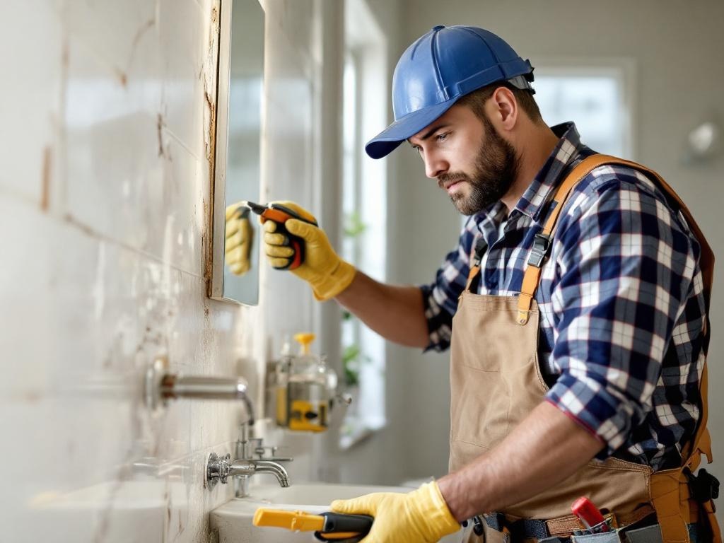 Professional contractor renovating a bathroom with tools and equipment in natural lighting