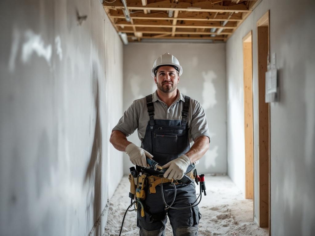 Professional general contractor finishing a basement with tools and equipment in action